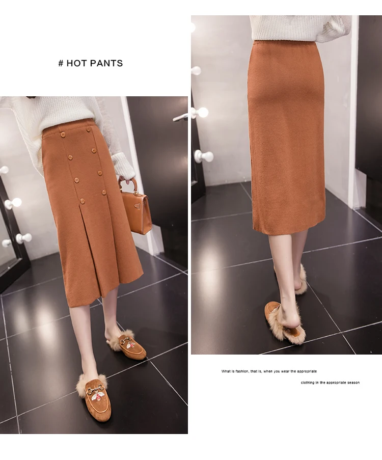 High Waist Stretch Knitted Skirt Women Elegant Double breasted Straight Long Skirts Female Autumn Winter Vintage Pleated Skirt