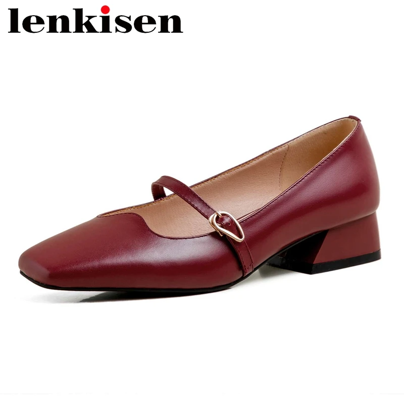 

Lenkisen new elegant Mary janes cow leather square toe med heel brand shoes women high quality shallow buckle strap pumps L17