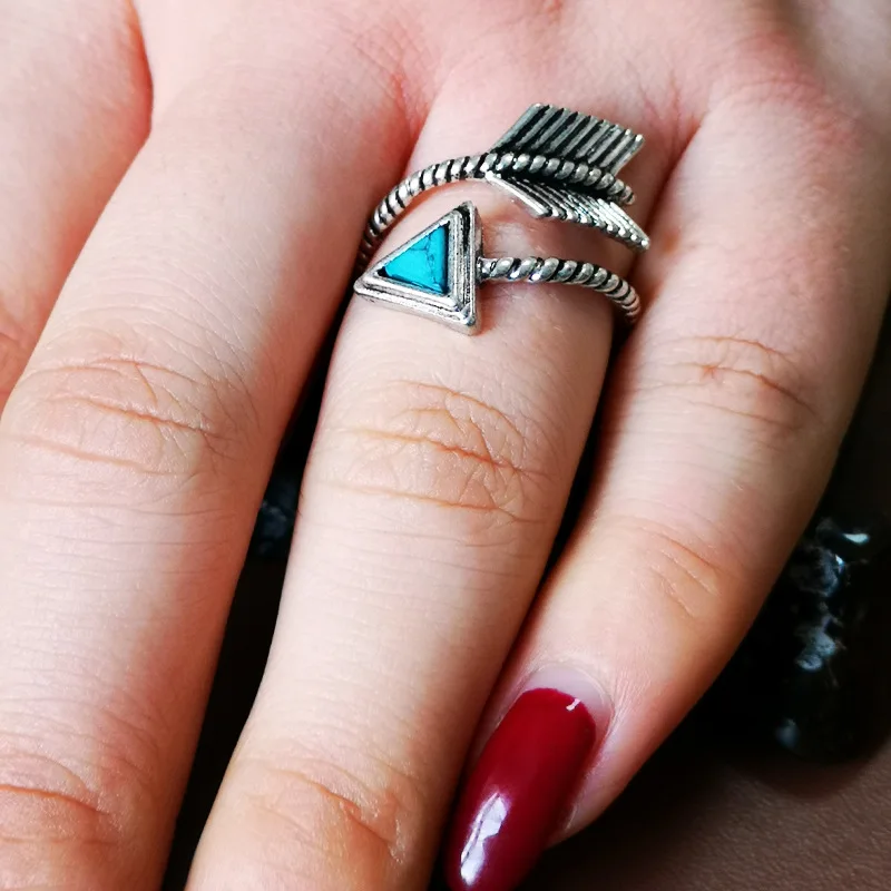

New Silver-Plated Turquoise Feather Bow and Arrow Ring European and American Creative Retro Thai Silver Ring Women's Jewelry