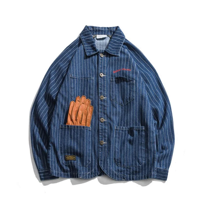 

Mens New Fashion Retro Denim Jacket Spring Japan Style Long Sleeve Men's Striped Cotton Jackets Cowboy Streetwear