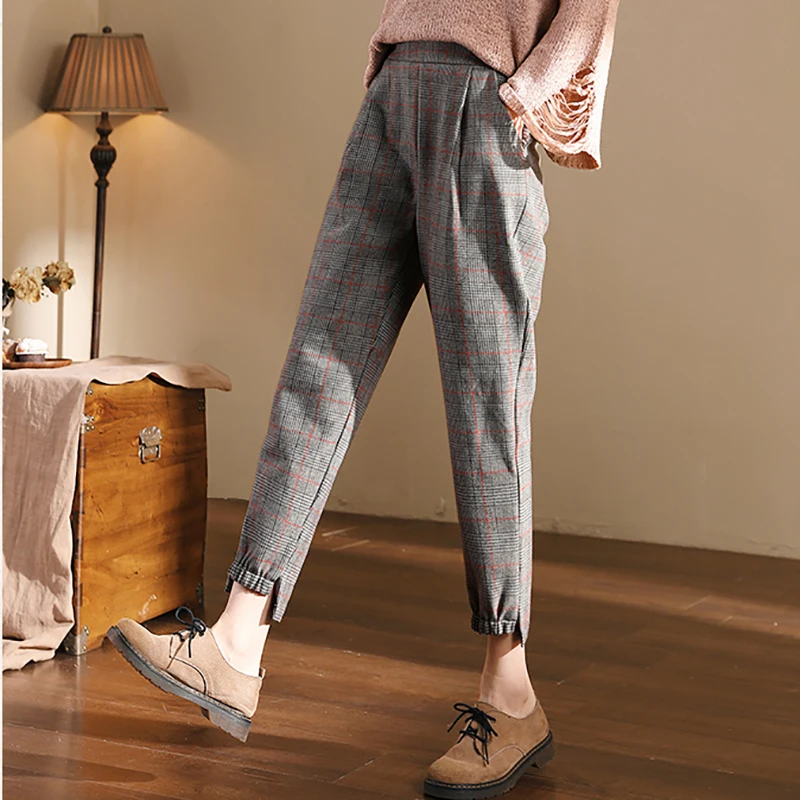 2019 осенние клетчатые шаровары женские Корейская Высокая талия свободные брюки