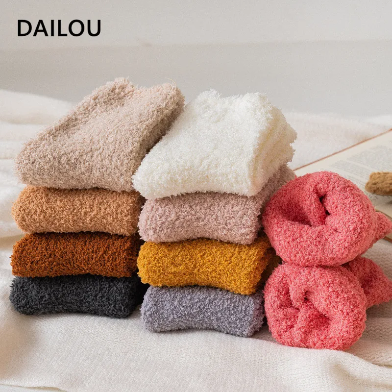 

Kawaii Colorful Coral Fleece Socks Women Candy Color Plus Velvet Thick Warm Floor Socks Japanese Sweet Confinement Socks Gifts