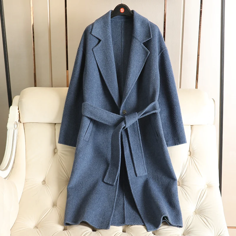 

Double-sided Handmade Wool Overcoat Spring New 2020 New V-neck Slim Belt Trench Coat Women Woolen Alpaca