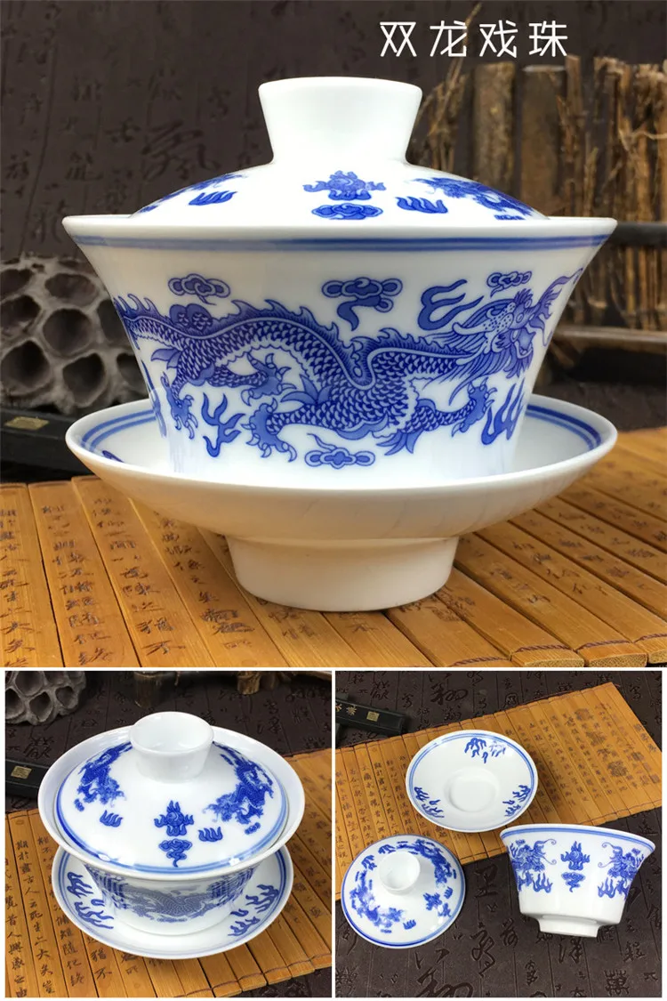 Фарфоровая чаша Gaiwan Jingdezhen, 200 мл, покрытая синим и белым фарфором, миска Sancai, набор китайских чайных чашек и блюдца, чайная супница