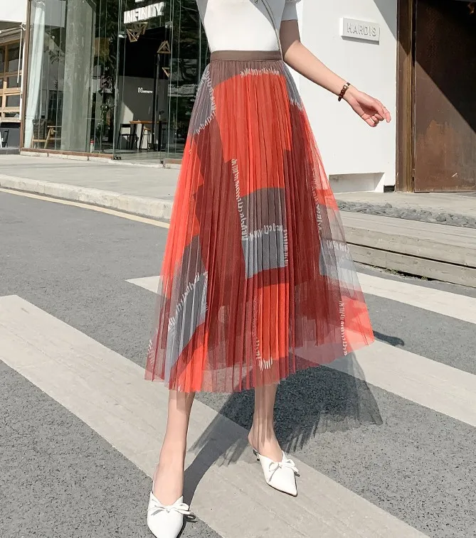 

Spring Summer Women Vintage Mesh Patchwork Long Skirts Ladies High Waist Plaid Tulle A-Line Mid-Calf Skirts
