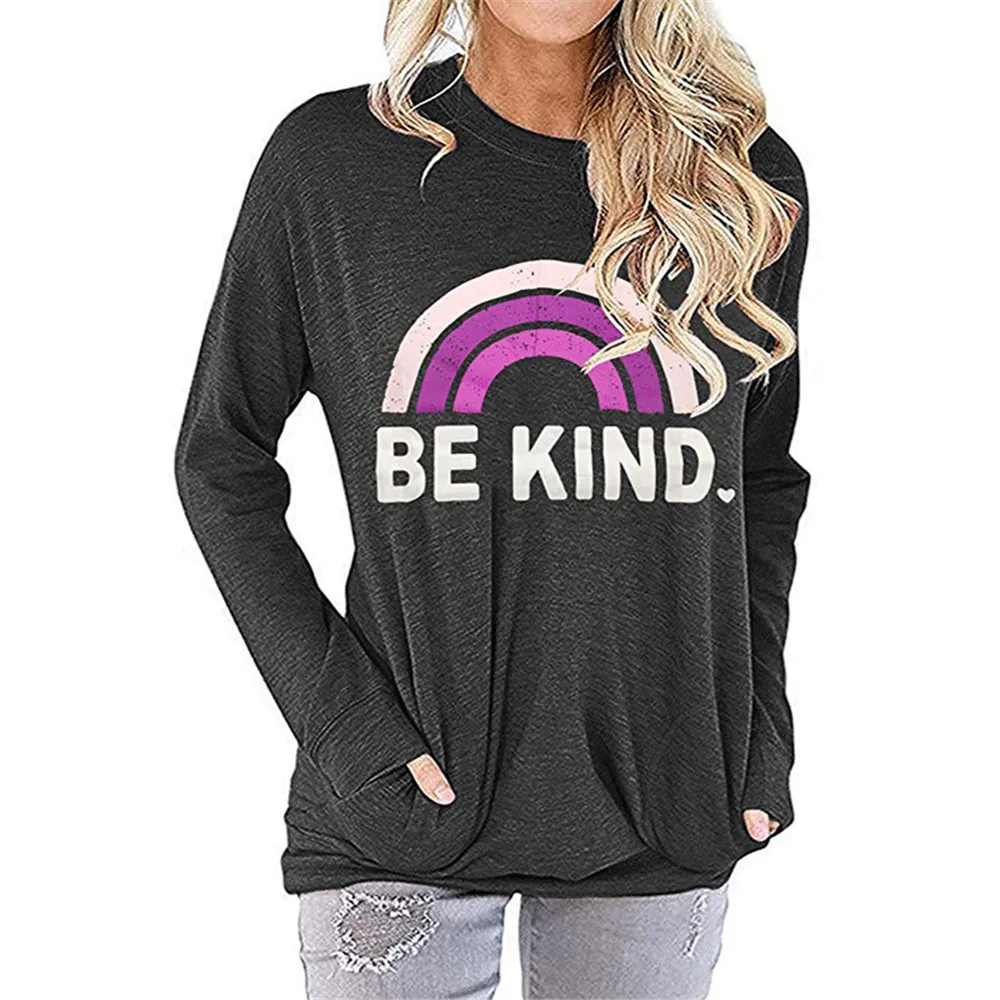 

Rainbow BE KIND Print Harajuku Hoodies Women Kpop Sweatshirt O-neck Long Sleeve With Pockets Hoody Autumn Winter Women Hoodie