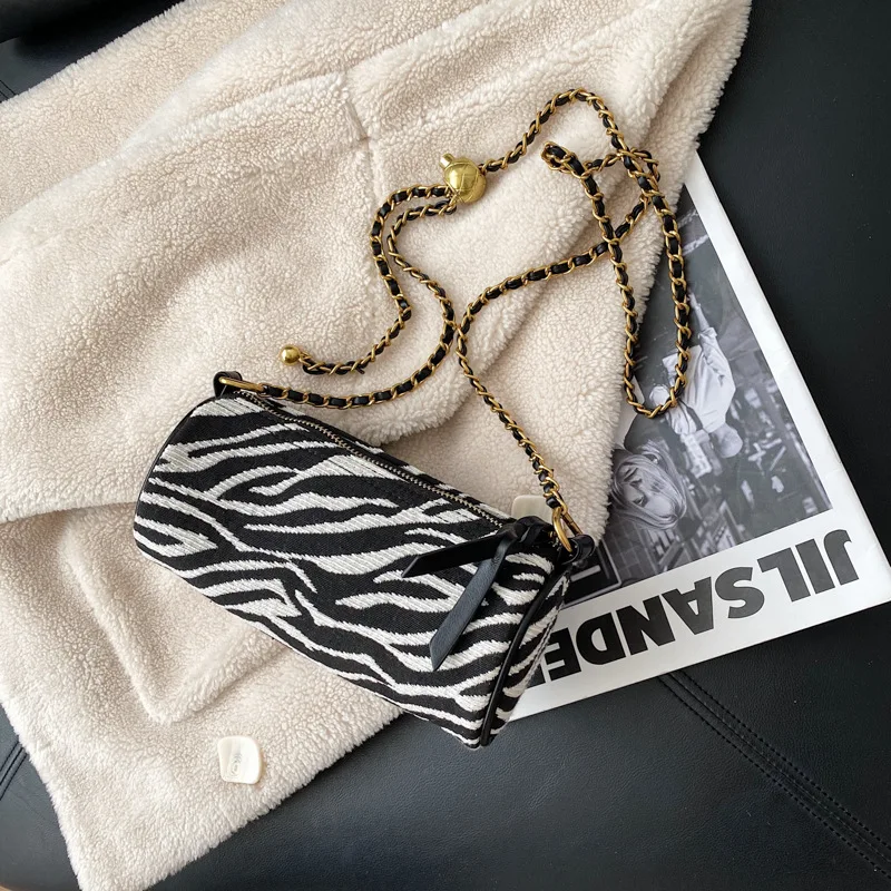 

New transfer bead pillow cylinder bag zebra pattern canvas bag women's bag shoulder chain small bag messenger bag 2021 handbag