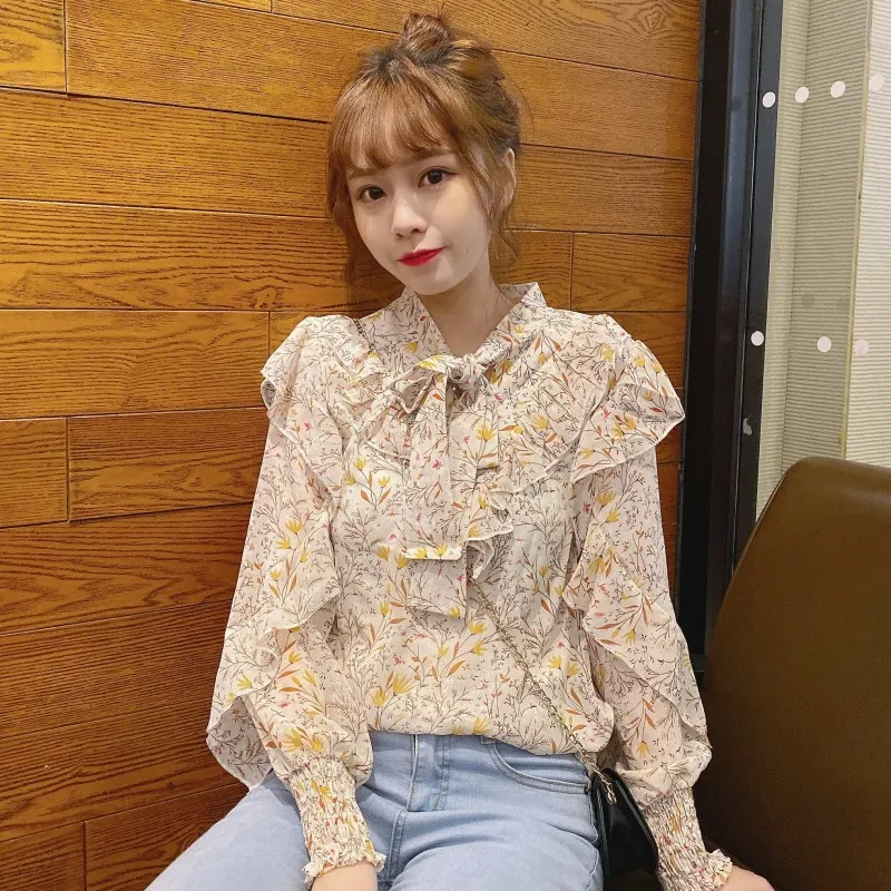 

loose sweet style ruffles shirts print tops fashion brand Women's Clothing chiffon bow ladies tops fashion brand Korean clothes