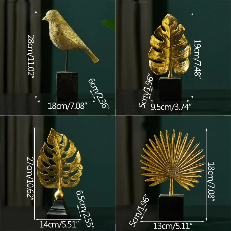 

European Gold Bird Leave Miniature Model Sculpture Resin Modern Art Figurine Ornament Home Decoration Accessories Room Decor