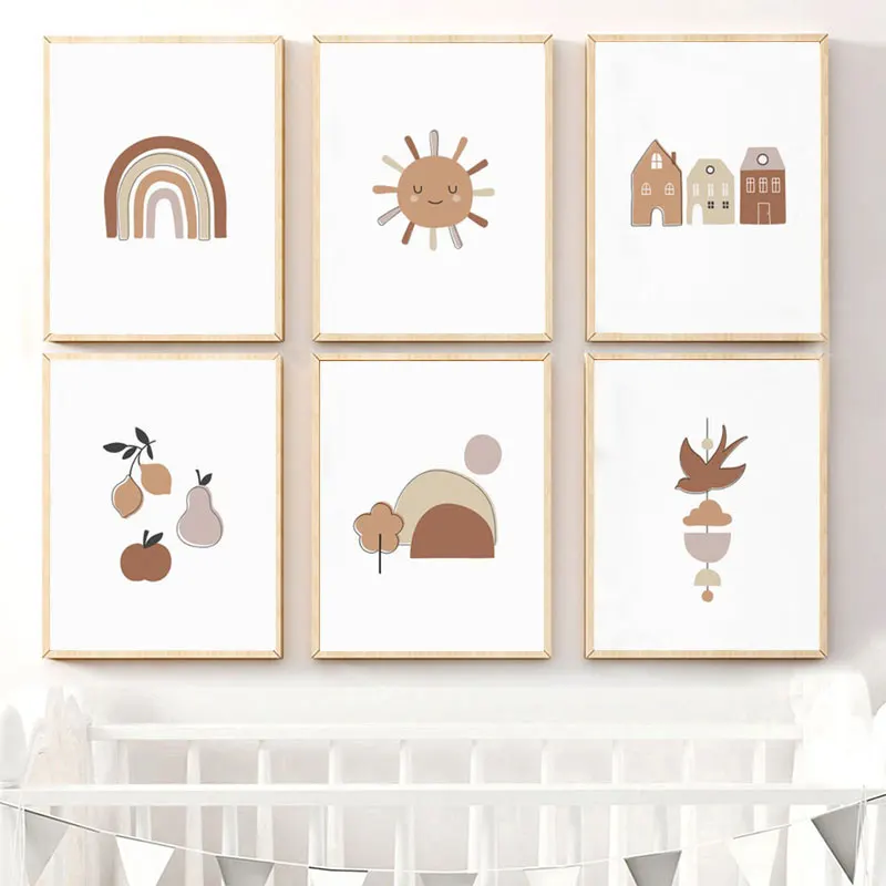 

Cartoon Sun rainbow canvas prints House mountain posters and prints Kids Room Wall Art Decoration Picture Children's Room Art