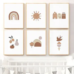 Плакаты и принты с изображением солнца, радуги, дома, горы, настенное украшение для детской комнаты