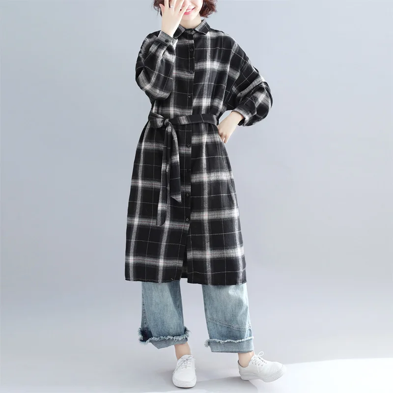 

Plaid Shirt coat Long sleeve over the knee loose large waist lining skirt