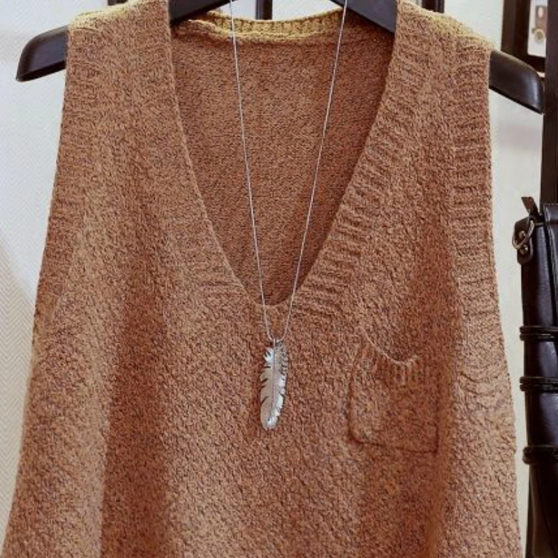 

Sweater Vest Solid Women Retro Knitted V-neck Spring-autumn New Vintage Leisure Loose Female Sweaters Sleeveless 2XL Korean