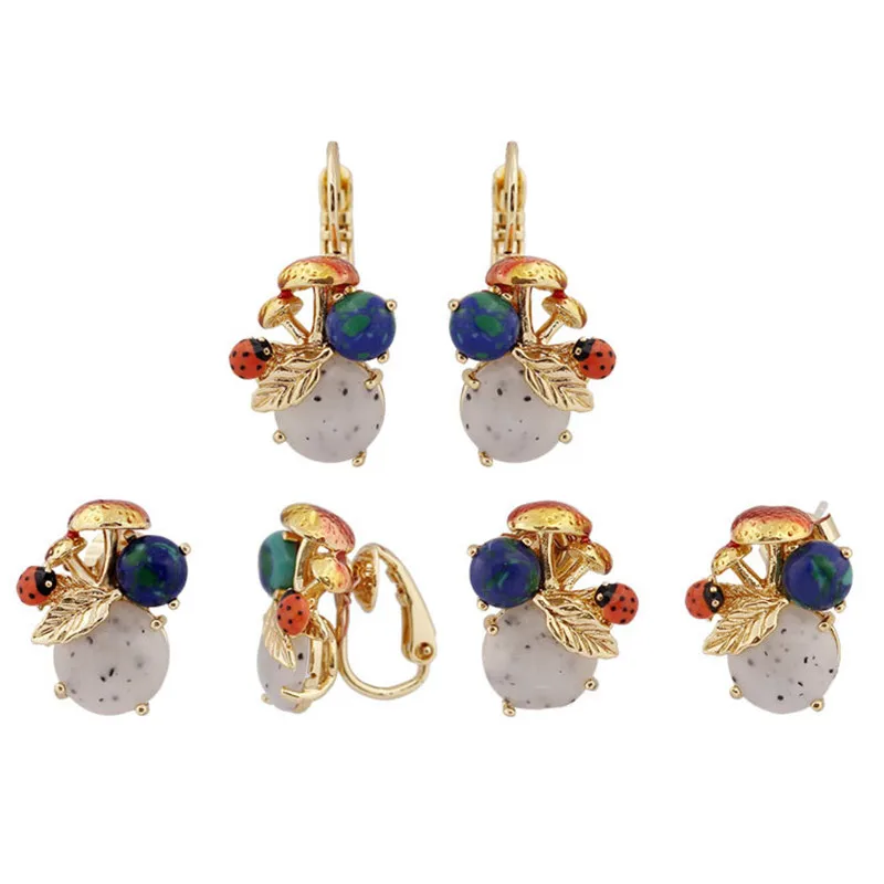 

European and American New Enamel Mix and Match Symphony Mushroom Ladybug Blue Stone S925 Tremella Nail Ear Clip Earrings