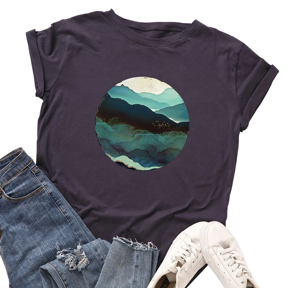 

New Mountains Print Tshirt Women Shirts 100%cotton O Neck Short Sleeve Summer T Shirt Tops Women's T-shirts