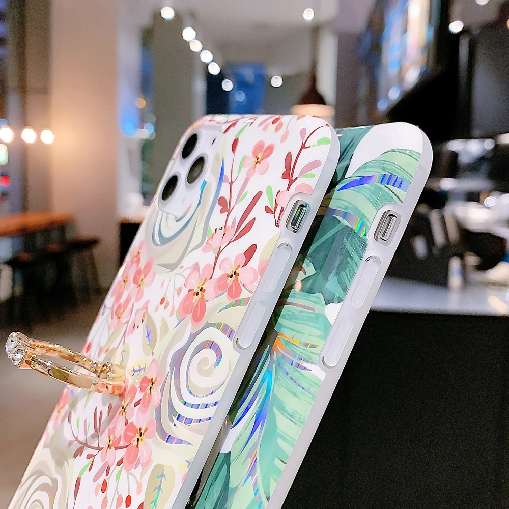 

Laser Flower Phone Case for iPhone 12 mini 11 Pro Max XS Max XR X 7 8 6 Plus Colorful Plating Ring Holder Bracket Soft IMD Cover