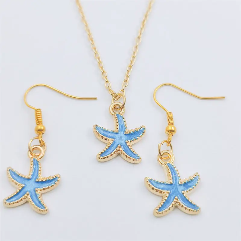 

Blue Starfish Gold Earring Necklace Sets Jewelry Set Retro Vintage Antique,Fashion Women Christmas Birthday Girl Gift