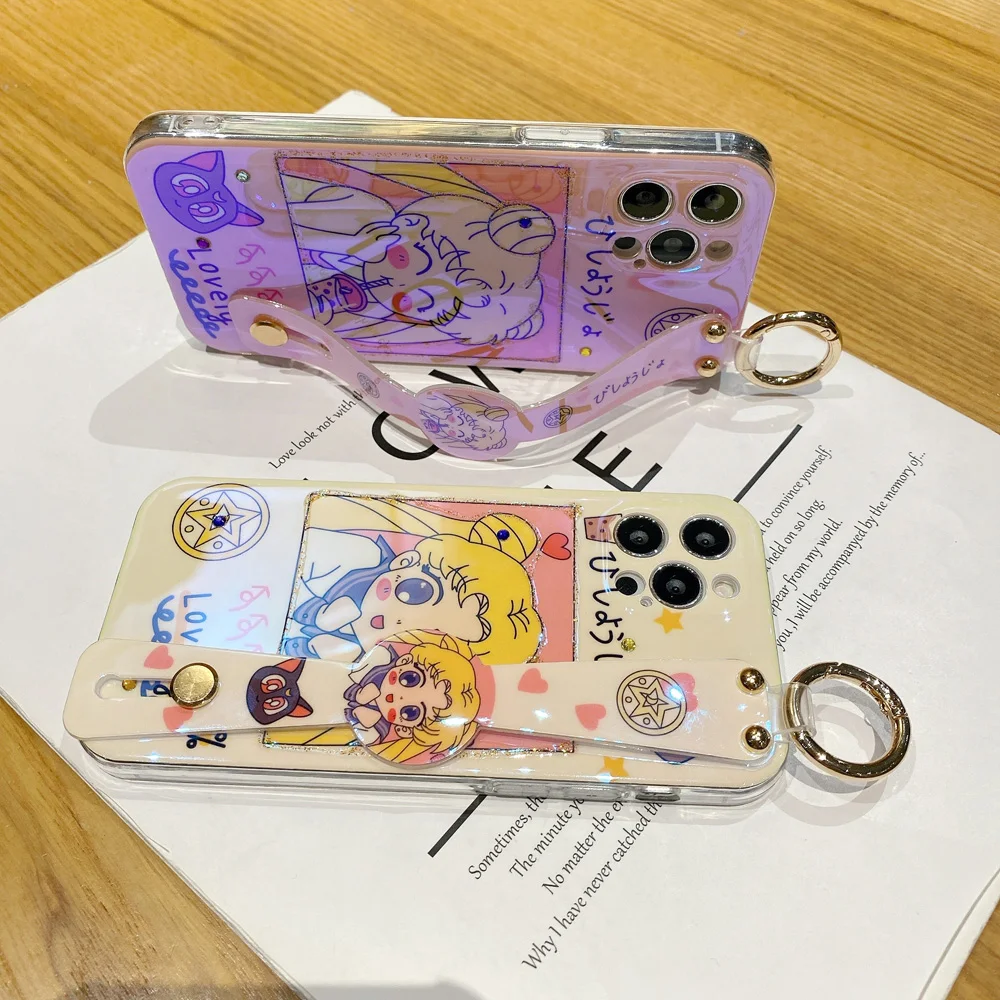 

Japan Anime Cartoon Luna Cat Wrist Bracket Soft Phone Case for Iphone 12 11 Pro Max X XS XR 7 8 Plus SE Diamond Blu-ray Cover