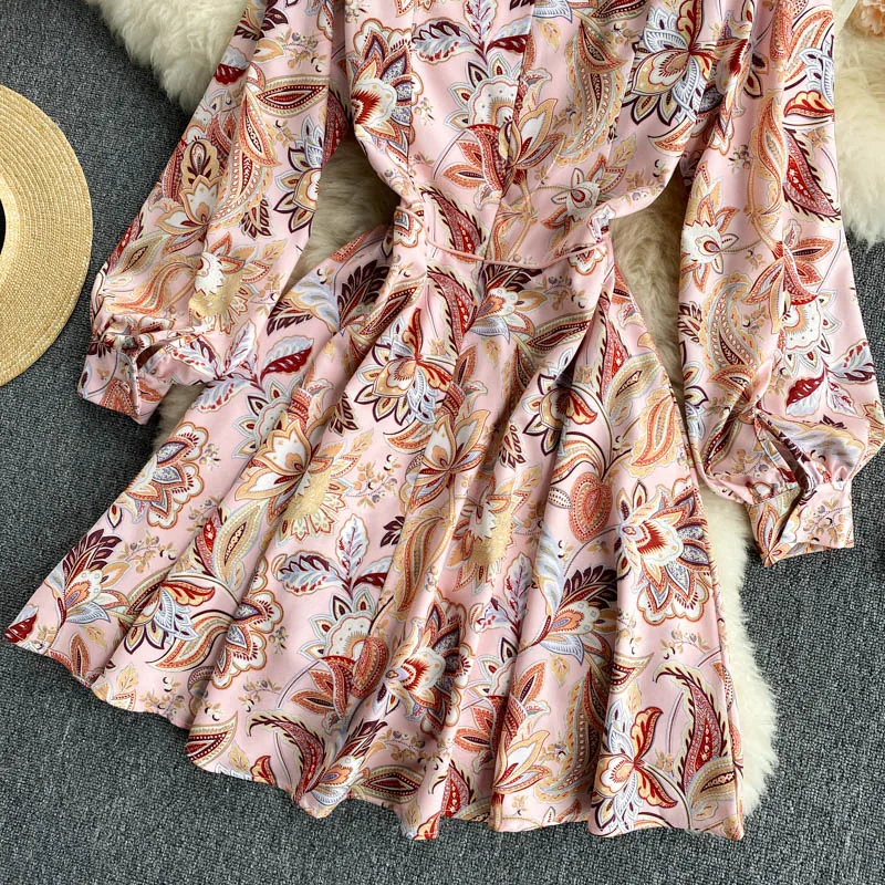 

2021 Spring Summer Elegant High-End Vintage Ladies Mid-length Dress Court Style Printed Small Stand-up Collar Slim Fit Dress