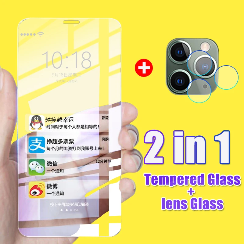 Полное покрытие объектива Переднее закаленное стекло 2 в 1 для IPhone 11 XR XS Max Защита