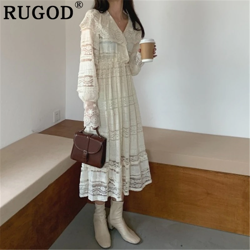 Женское длинное платье RUGOD элегантное кружевное с v образным вырезом и рукавами