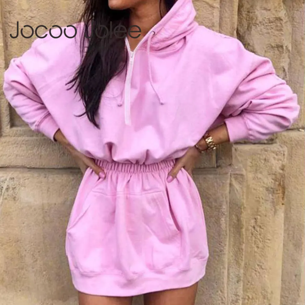 

Jocoo Jolee Autumn Casual Elastic Waist Hoodies Dress Zipper Solid Long Sleeve Pocket Sweatshirt Loose Long Hoodies Pullover 202