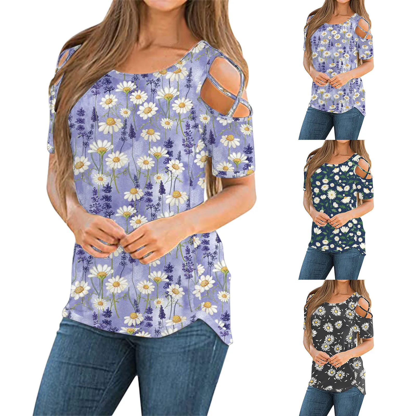 

Women Short Sleeve Round Neck Chrysanthemums Print T-Shirt Exposed shoulders Tee Tops Solid Color Blouse Daily All-match T-shirt