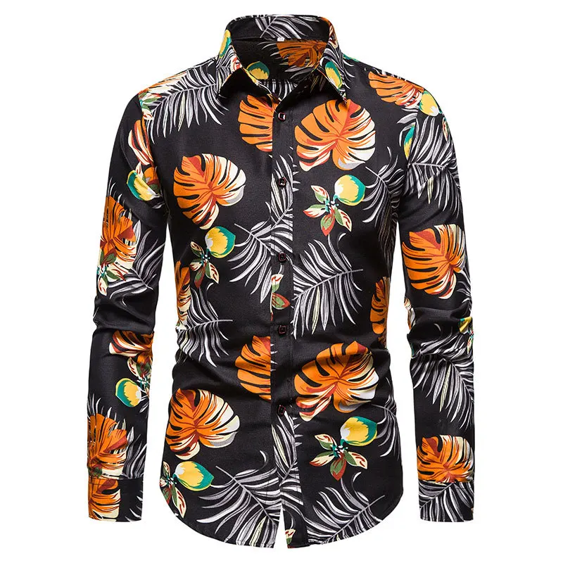 LUCLESAM Men Hawaiian Floral Shirt Mens Long Sleeve Button Up Fancy Blouse camisa masculina