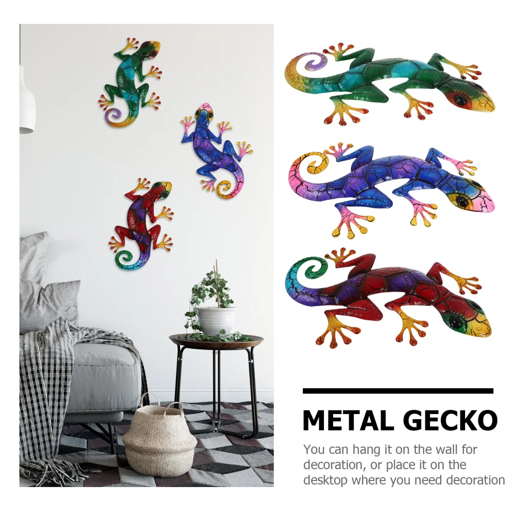 

3Pcs Wrought Iron Gecko Sculpture Lovely Wall Hanging Decoration Garden Pendant
