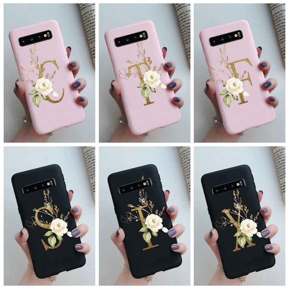Чехол для Samsung Galaxy S10 Plus e мягкий силиконовый черный розовый матовый цветочный