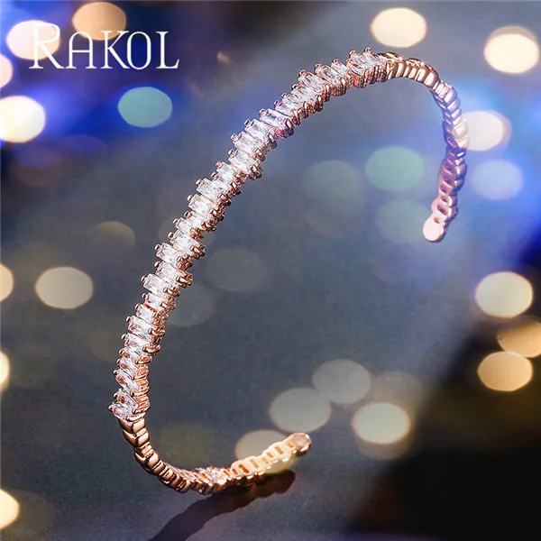 RAKOL AAA+ кубический цирконий багет Bijoux манжета Теннисный браслет и браслет с розовым золотом женские свадебные ювелирные изделия - Окраска металла: Rose Gold Color