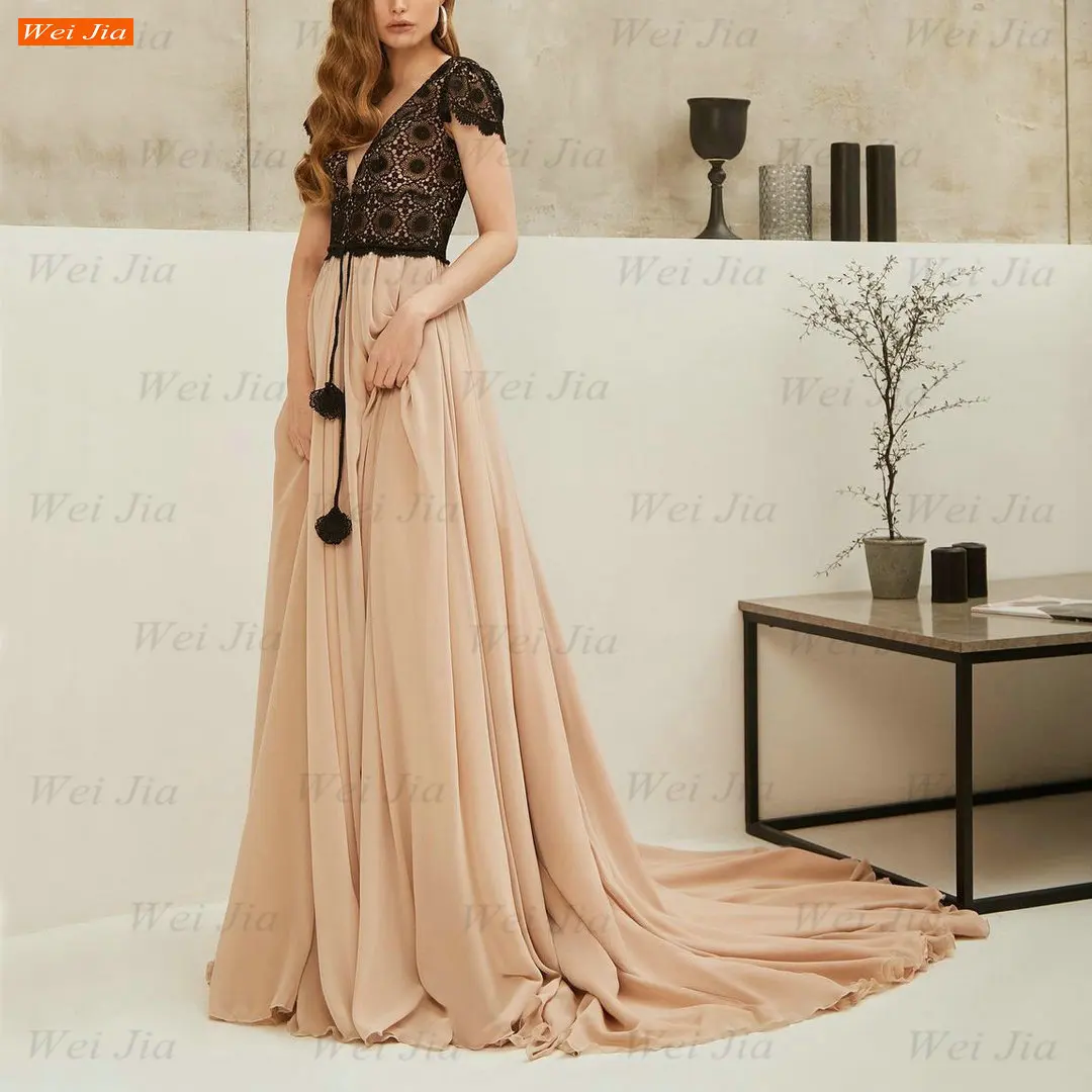 

Champagne Chiffon Prom Gowns Long 2021 V Neck Vestidos De Fiesta Largos Elegantes De Gala Black Lace Bohemia Платье На Выпускной