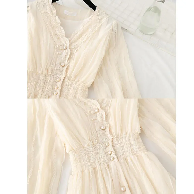 

Women V-neck Lace Dress 2021 New Autumn Elegant A-Line Slim Single-Breasted Vestidos Elastic waist Mesh Mid-calf Dress