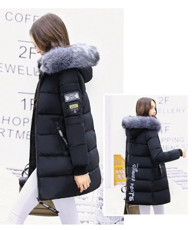 black Women Winter Hooded Mid-long Jacket New Fashion Fur collar Thickening Warm Cotton Coat Casual Slim Female Parkas NZYD261A - Цвет: black