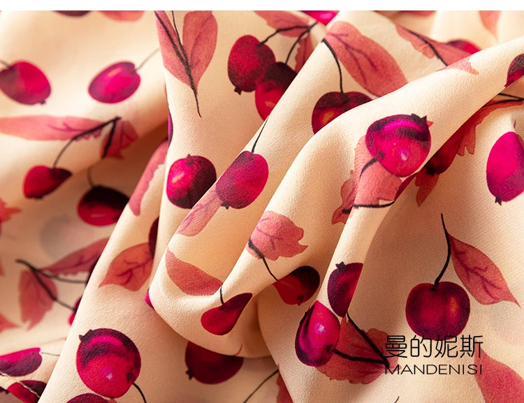 

SHUCHAN Back To The Basics Cherry Print Dress for Women Ankle-Length O-Neck 100% Silk Summer French Dress Women