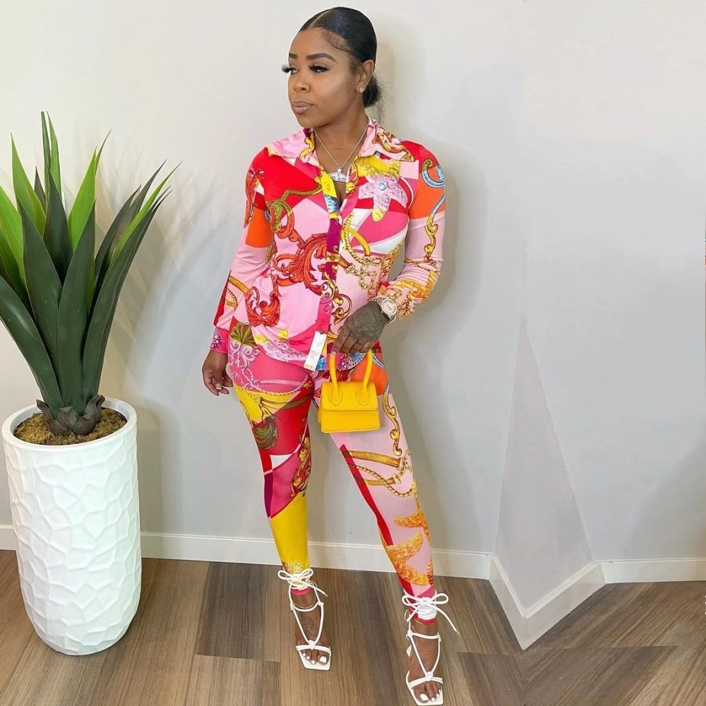 

Dashiki African Two Piece Set Women Fashion Print Long Sleeve Blouse Shirt And Elastic Waist Pants Matching Set Africa Clothing