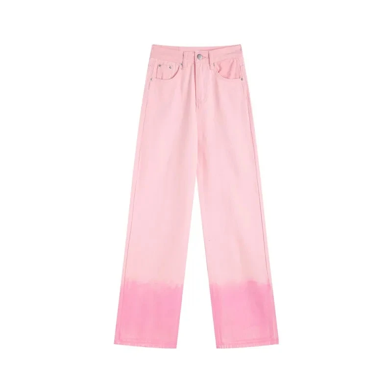 

Gradient pink jeans women autumn high-waisted straight loose wide-leg pants trousers pocket size punk harajuku vintage clothes