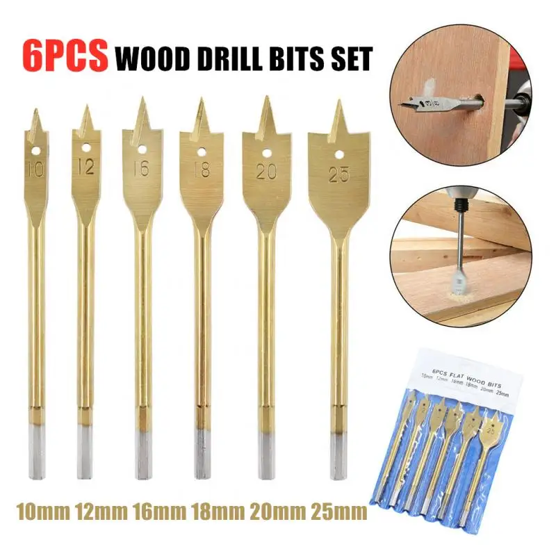 

6Pcs 10-25mm Flat Drill High-carbon Steel Wood Flat Drill Set Titanium Coated Woodworking Drill Bits Durable Tool Set