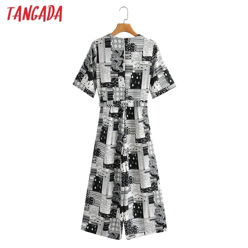 

Tangada Summer Women Vintage Print Chiffon Jumpsuit Short Sleeve with Slash Female Casual Jumpsuit 1F143