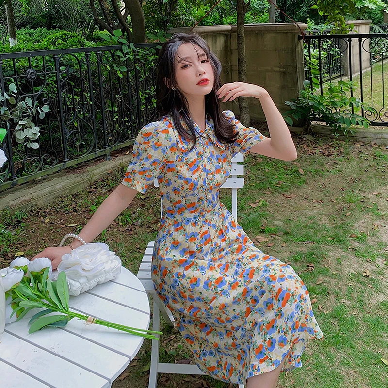 

SUPERMILE*2020 New Arrival Women Floral Long Dress Half-Sleeve Doll Collar Elegant Boho Pastoral Style