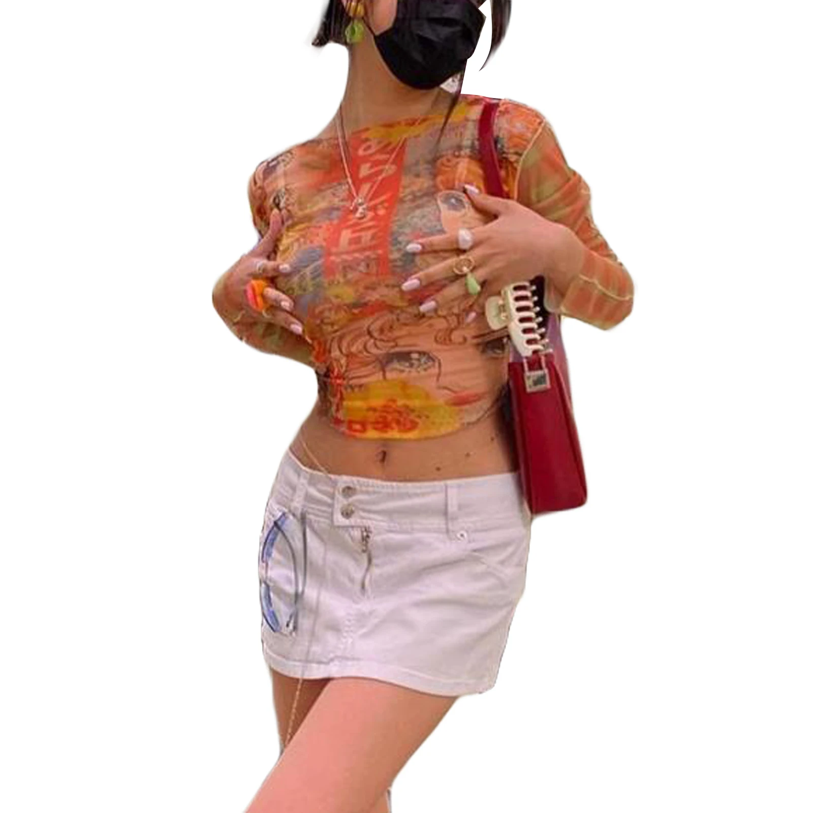 

Кроп-топ облегающий Женский, Повседневный пуловер с длинным рукавом и круглым вырезом для взрослых, с мультяшным принтом, 2021 г.