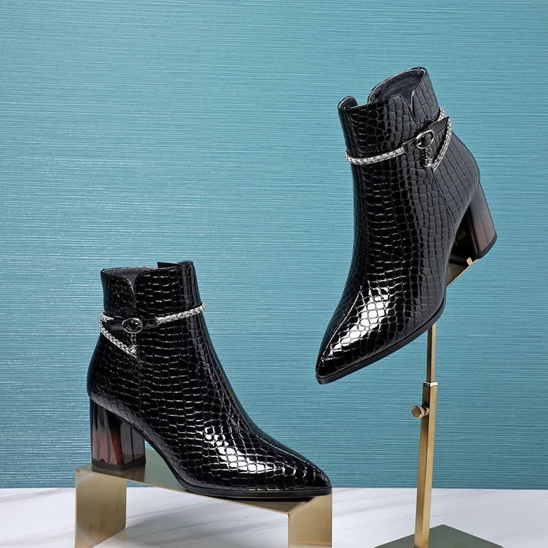 

Women Crocodile Pattern Winter Boots Stylish Pointed Toe Thick Heel Genuine Leather Embossed Alligator Texture Boots