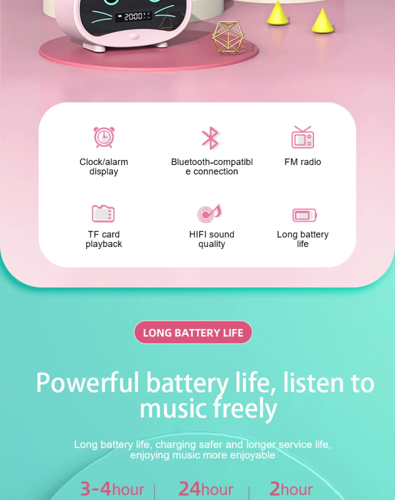 Wireless Bluetooth-compatible 5.0 Stereo Player Digital Alarm Clock FM Radio Speakers Portable With USB Charging Cat Ear Speaker |