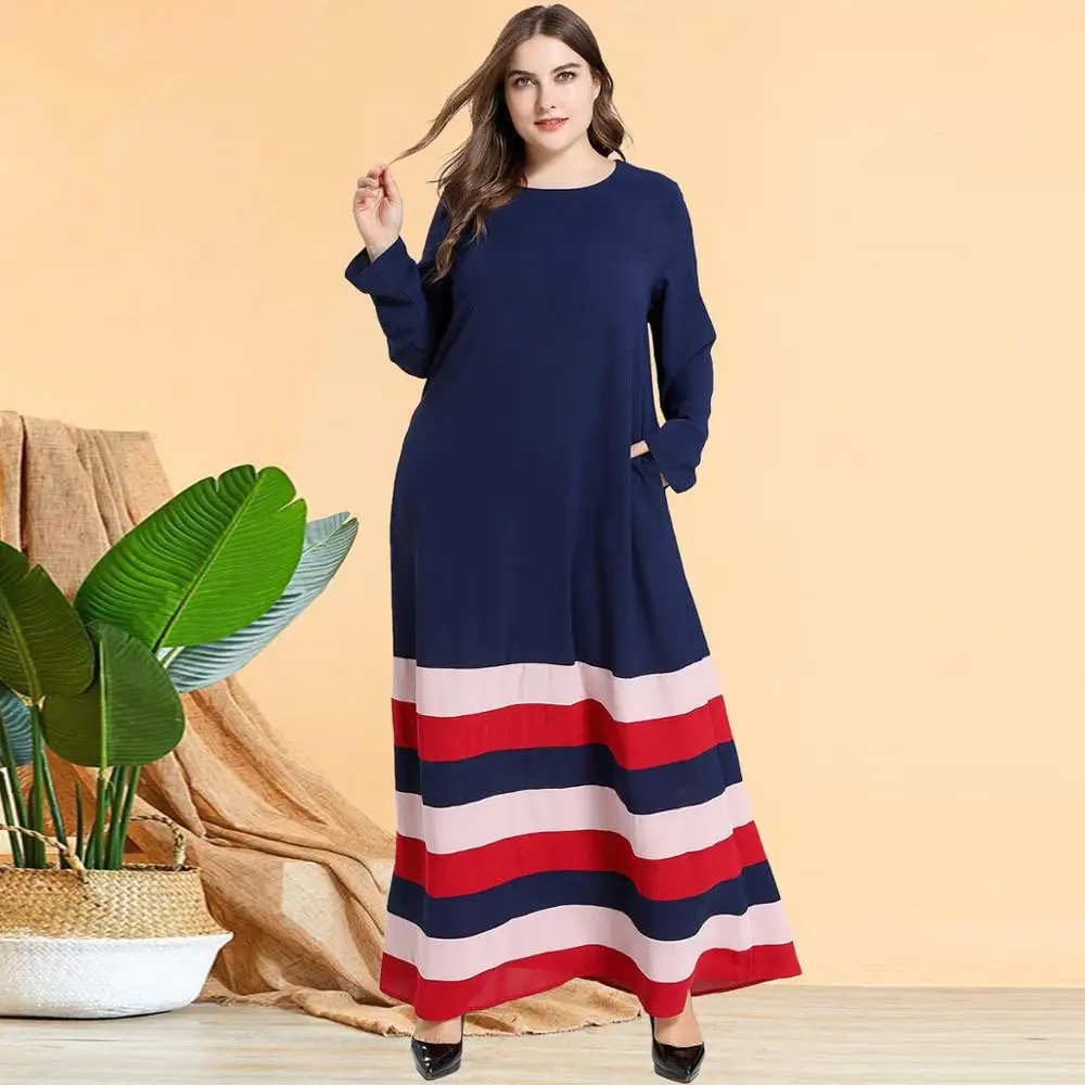 

European station plus size women's simple long-sleeved striped stitching thin blue dress Muslim women robe loose long skirt