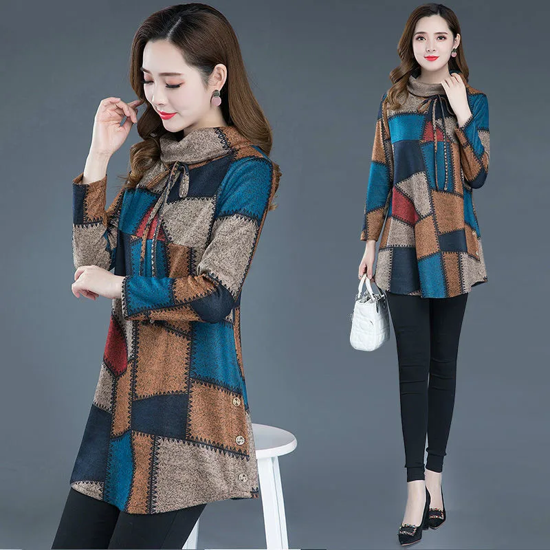 

2020 плюс бархатная мягкая богатая Дамская нижняя рубашка Женская Осень/Зима полувысокий воротник с клетчатым принтом с искусственным живот...