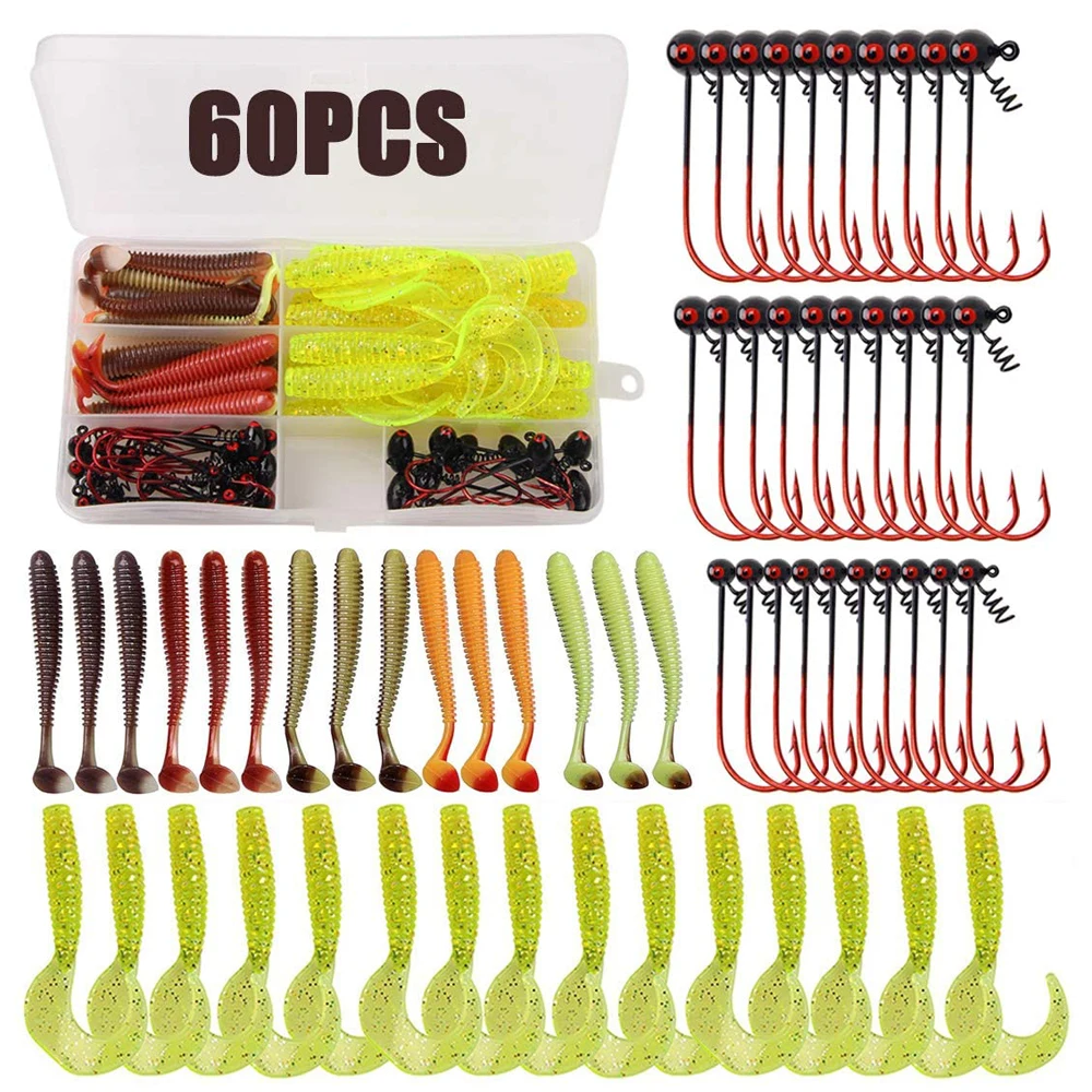 

60Pcs/box Soft Grub Worm Lures with Shaky Head Jig Hooks Lure accessories Kit Football Jig Head bait Trout Bass lure fishing