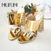 love letter crystal thick heel slippers open toes sexy square high heels womens shoes metal mesh mules slides hollow size 34 40
