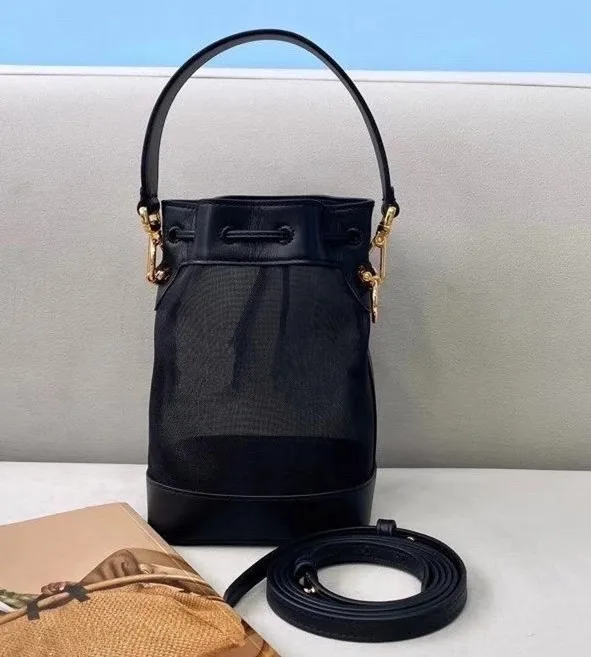 

New style leather mesh cloth mini bucket bag fashion all-match messenger bag