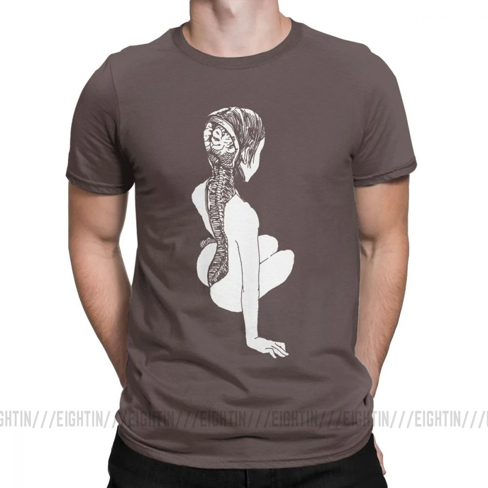 Коричневый Junji Ito, аниме, жуткая манга, японский ужас, Kawaii, милые футболки для девочек, мужские вечерние топы, Винтажная футболка, хлопковая Футболка с круглым вырезом - Цвет: Коричневый