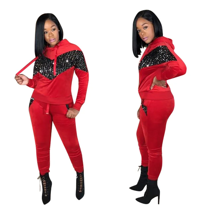 Women Fall Winter Velvet Hooded Long Sleeve Hot Drilling Rhinestone Sweatshirts Pencil Pants Two Pieces Sets Tracksuits Outfits |